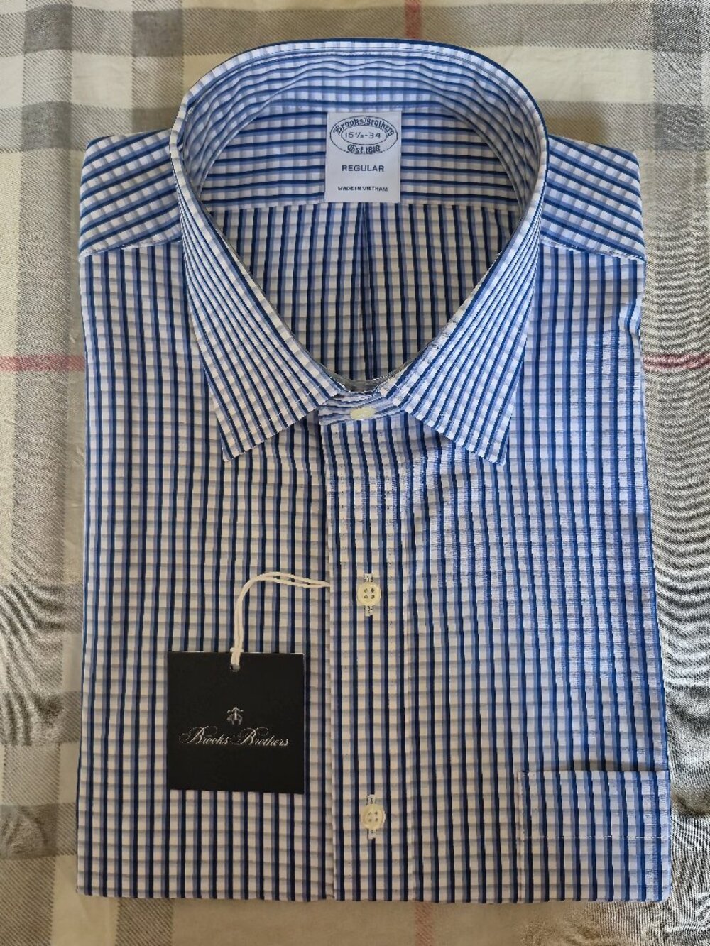 NWT Brooks Brothers Dress Shirt Supima Cotton Blue White Plaid Checks 16.5/34